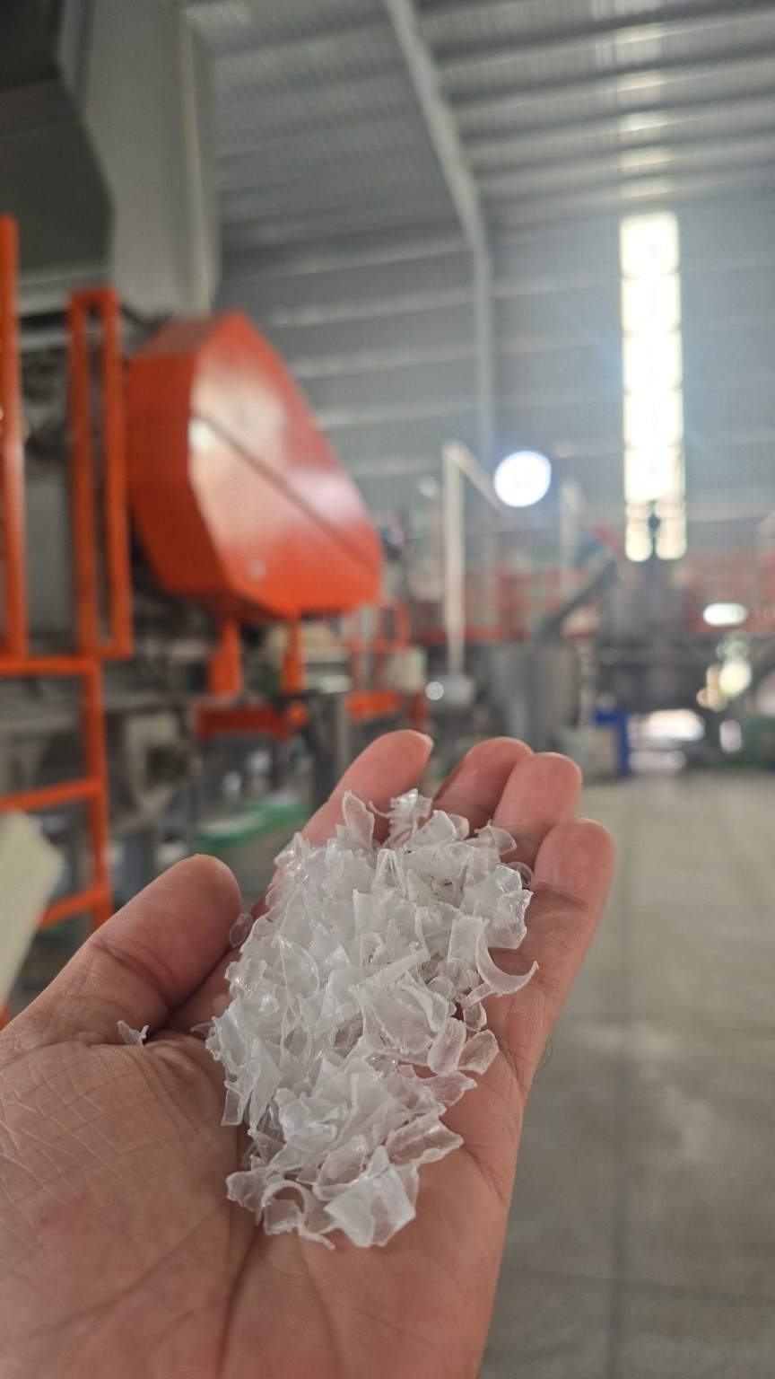 Clear PET flakes stage of PET recycling